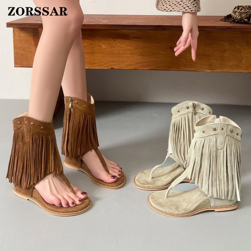 Women Shoes Boots - Damskie sandały na koturnie z frędzlami