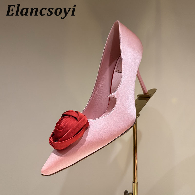Women Shoes Logo - Dekorowane różami szpilki damskie satynowe z
