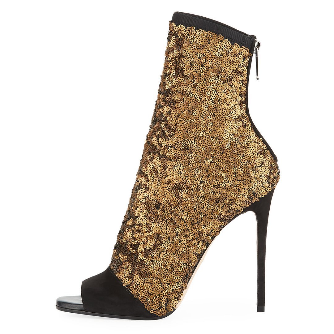 Women Shoes Boots - Patchworkowe, błyszczące sandały-botki damskie z odkrytymi