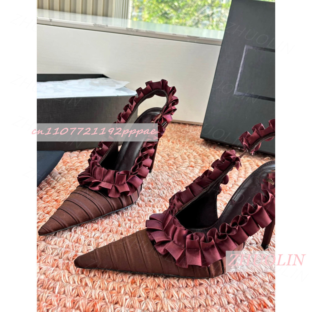 Women'S Shoes Burgundy - Szpilki z odkrytą piętą, bordowe, plisowane,