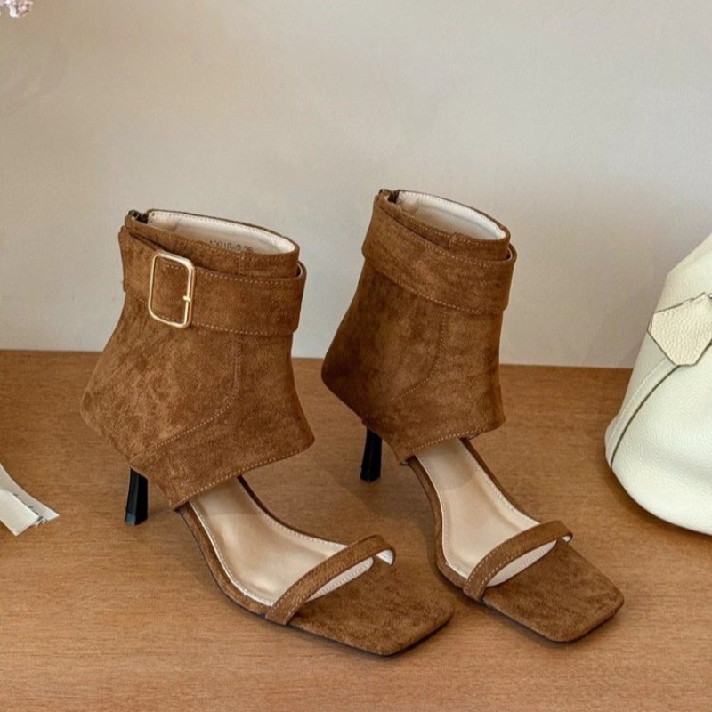 Women Shoes Boots - Retro Letnie Botki Damskie z Kwadratowym